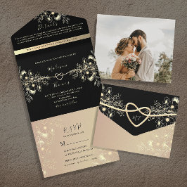 Romantische elegante Schwarz-Gold-Hochzeit All In One Einladung