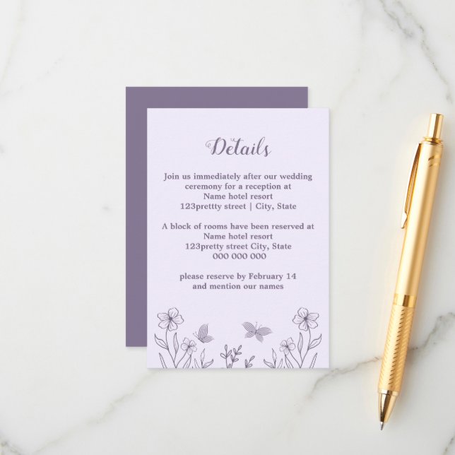 Romantische, elegante und blumengeschmückte Hochze Begleitkarte (Vorderseite/Rückseite Beispiel)