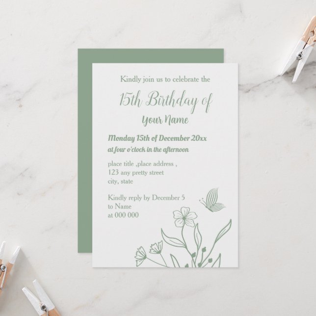 Romantische elegante Weise grün Blumengeburt Einladung (Vorderseite/Rückseite Beispiel)