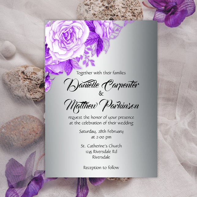 Romantische Eleganz Silver und Lila Rose Hochzeit Einladung (Von Creator hochgeladen)