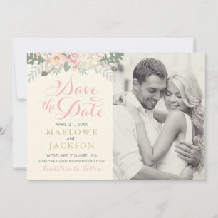 Romantische Elfenbein-Rosa-Blumen-Hochzeitsfoto Save The Date