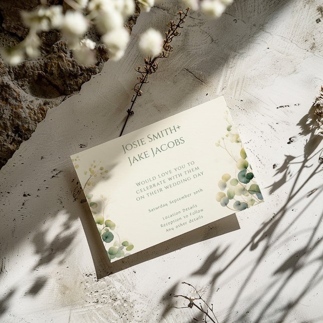 Romantische Eukalyptus-Blätter, Hochzeit in Silber Einladung (Romantic Eucalyptus Leaves, silver dollar wedding Invitation card with names and rsvp details.)
