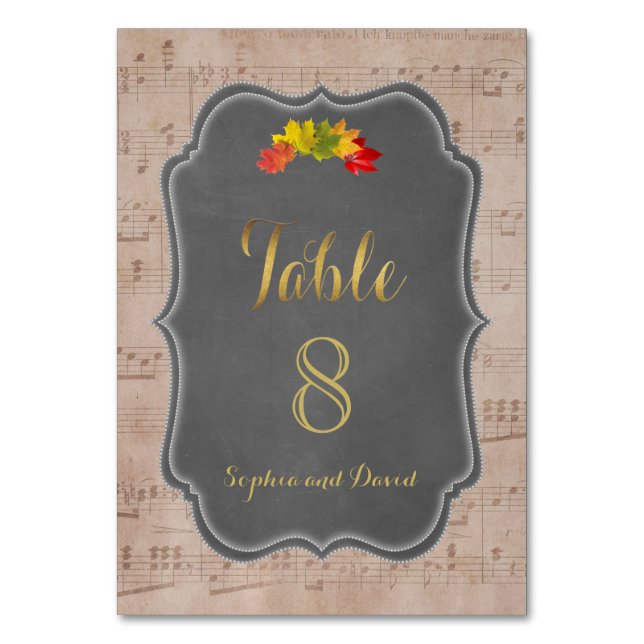 Romantische Fall Music Sheet Wedding TISCHNUMMER (Vorderseite)