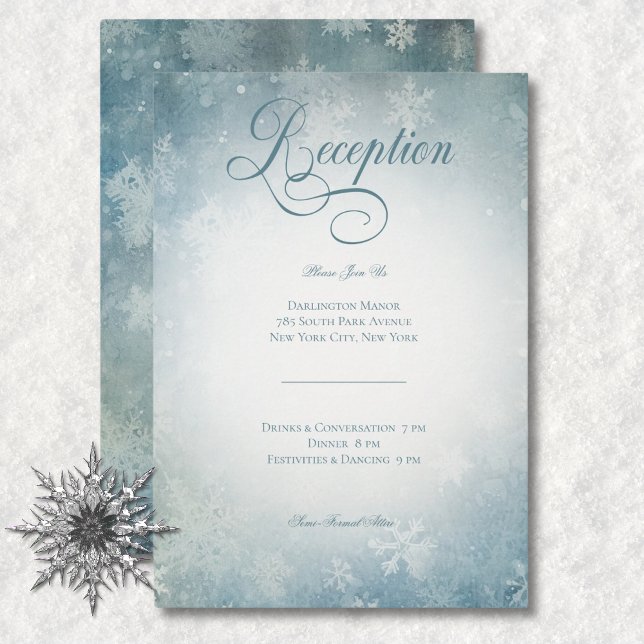 Romantische Fallende Schneeblauer Hochzeitsempfang Begleitkarte (Romantic Falling Snow Blue White Wedding Reception Enclosure Card)