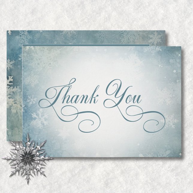 Romantische Fallende Schneeblauer Hochzeitsempfang Dankeskarte (Romantic Falling Snow Blue White Wedding Reception Thank You Card)