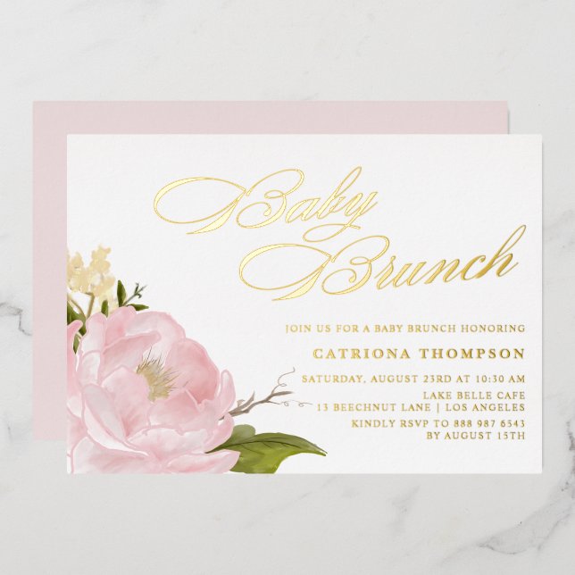 Romantische Farbe Rosa Pink Peony Baby Brunch Folieneinladung (Vorderseite/Rückseite)