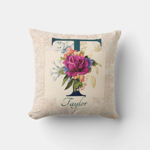 Romantische florale Monogram Letter T Throw Kissen