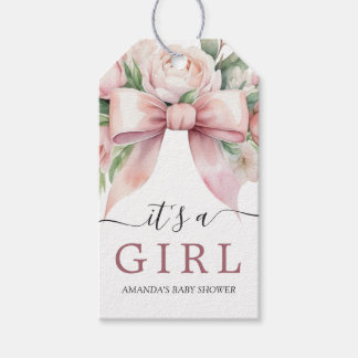 Romantische Florale Rosa Schleife Baby Shower Geschenkanhänger