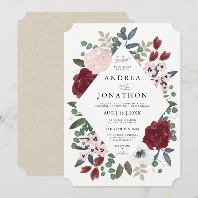 Romantische Florals Hochzeitseinladung Einladung (Vorne/Hinten)