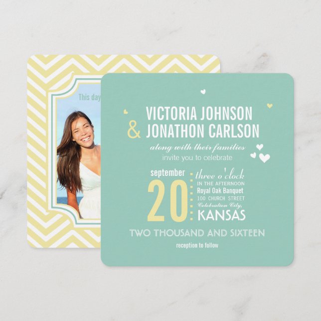 Romantische Foto Mint and Yellow Zig Zag Wedding Einladung (Vorne/Hinten)