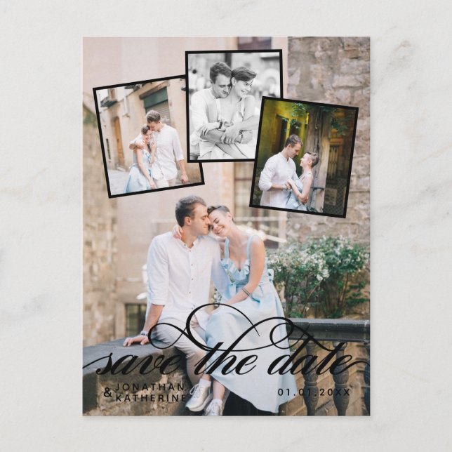 Romantische Fotocollage Hochzeitsskript Ankündigungspostkarte (Vorderseite)