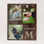 Romantische Fotos aus eigenem, individuellem Monog<br><div class="desc">Dieses Puzzle könnte genauso einfach LIEBE ausdrücken - mit einem rustikalen Holztexturhintergrund; blinkende Lichter; drei Ihrer wunderbaren Fotos - ein Datum - ein Familienname und ein einzigartiges LAYERING DES MONOGRAMM - genau hinsehen und Sie werden drei Farben sehen, was ihm das Gefühl der Tiefe gibt. Dieses wunderbare Rätsel wird auch...</div>