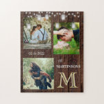 Romantische Fotos aus eigenem, individuellem Monog<br><div class="desc">Dieses Puzzle könnte genauso einfach LIEBE ausdrücken - mit einem rustikalen Holztexturhintergrund; blinkende Lichter; drei Ihrer wunderbaren Fotos - ein Datum - ein Familienname und ein einzigartiges LAYERING DES MONOGRAMM - genau hinsehen und Sie werden drei Farben sehen, was ihm das Gefühl der Tiefe gibt. Dieses wunderbare Rätsel wird auch...</div>