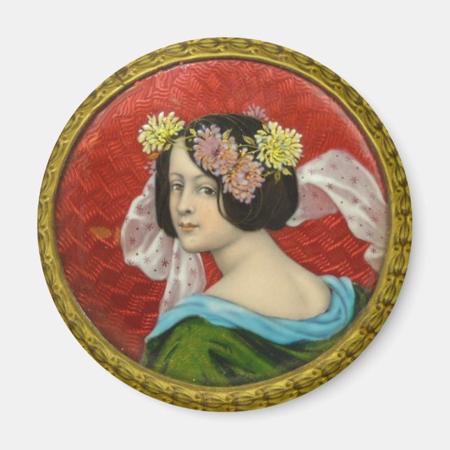 ROMANTISCHE FRAU MIT BLUME VINTAG ENAMEL MAGNET (Vorne)