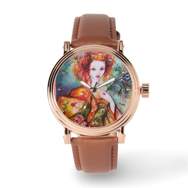 ROMANTISCHE FRAU MIT PEACOCK FEATHER ARMBANDUHR (Vorderseite)