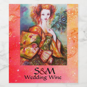 ROMANTISCHE FRAU MIT PEACOCK FEATHER Pink Wedding Weinetikett