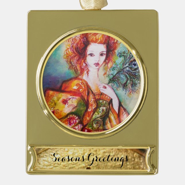 ROMANTISCHE FRAU MIT SPARKLING-PEACOCK-FEATHER Banner-Ornament GOLD (Vorderseite)