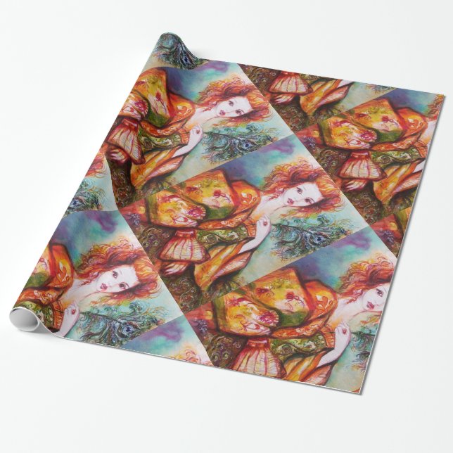 ROMANTISCHE FRAU MIT SPARKLING-PEACOCK-FEATHER GESCHENKPAPIER (Ungerollt)