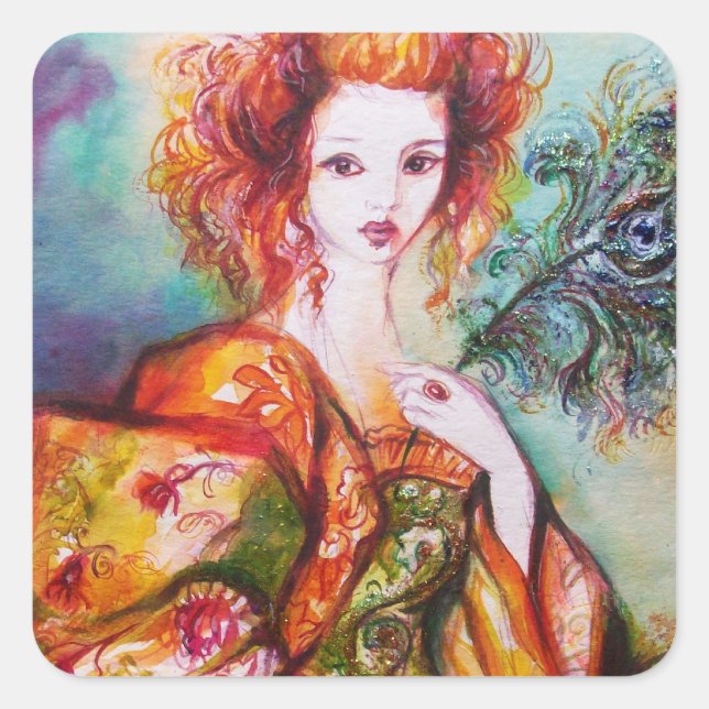 ROMANTISCHE FRAU MIT SPARKLING-PEACOCK-FEATHER QUADRATISCHER AUFKLEBER (Vorderseite)