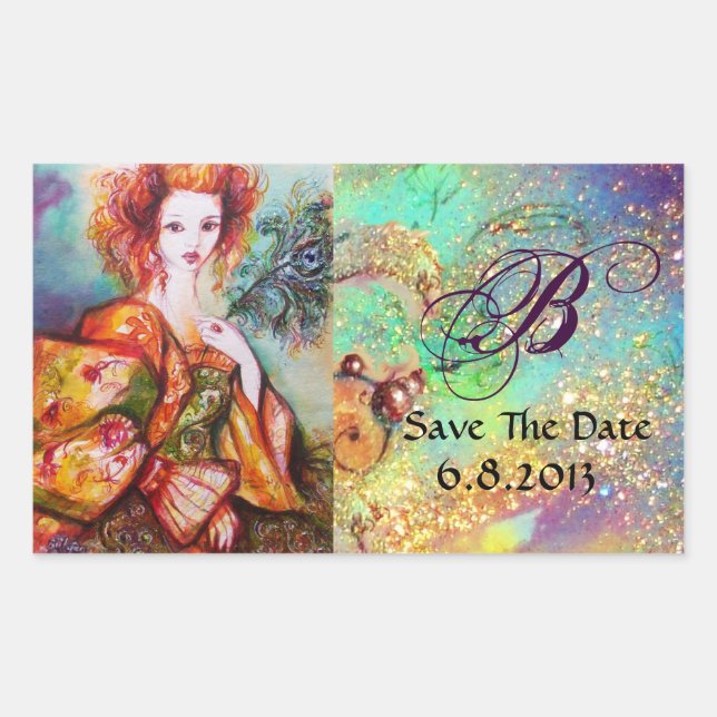 ROMANTISCHE FRAU MIT SPARKLING-PEACOCK-FEATHER RECHTECKIGER AUFKLEBER (Vorderseite)