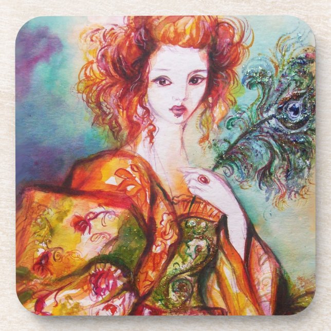 ROMANTISCHE FRAU MIT SPARKLING-PEACOCK-FEATHER UNTERSETZER (Vorderseite)