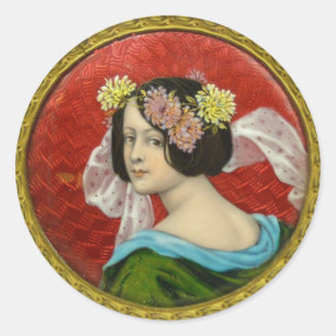 ROMANTISCHE FRAU MIT VINTAGEN BLUME RUNDER AUFKLEBER