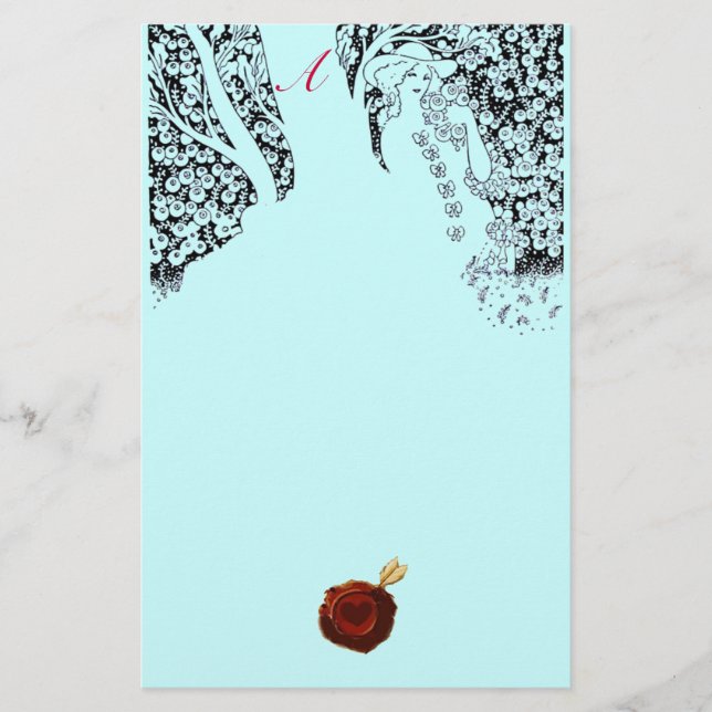 ROMANTISCHE FRAU Red Wax Siegel Monogram Aqua Blue Briefpapier (Vorderseite)