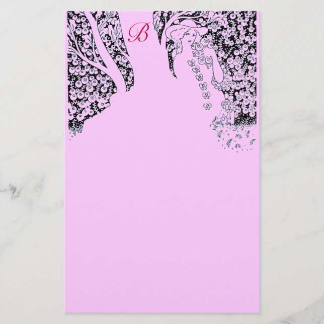 ROMANTISCHE FRAU,ROSE,NATURSchwarze Lilac-Monogram Briefpapier (Vorderseite)