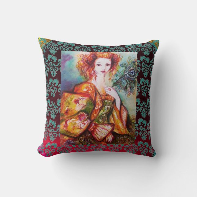 ROMANTISCHE FRAU, SPARKLING PEACOCK FEATHER Burgun Kissen (Vorderseite)