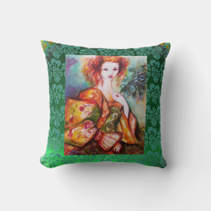 ROMANTISCHE FRAU, SPARKLING PEACOCK FEATHER Red Gr Kissen