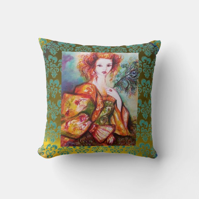 ROMANTISCHE FRAU, SPARKLING PEACOCK FEATHER Yellow Kissen (Vorderseite)