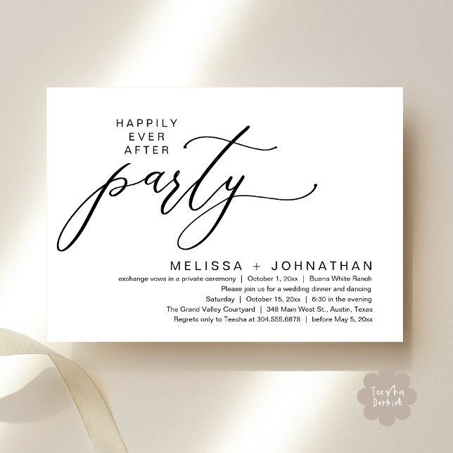 Romantische Freude immer nach dem Party Abendessen Einladung (Romantic Modern Happily Ever After Party Elopement Dinner Invitation Card PDF in Classy Black White)