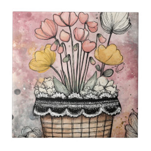 Romantische Frühlingsblumen in Rosa und Gold Fliese