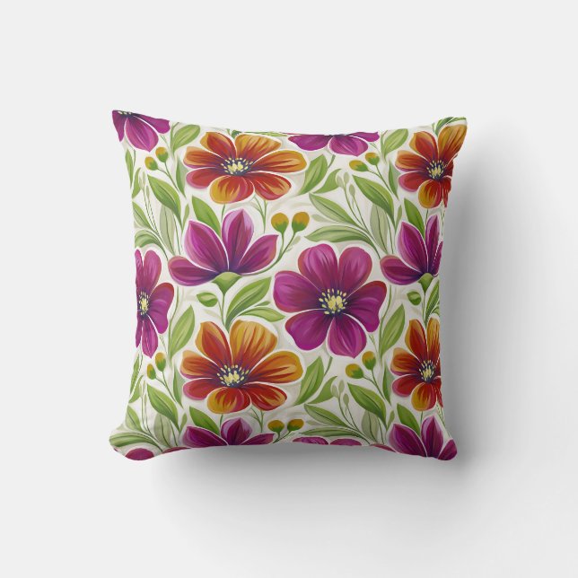 Romantische Frühlingsflorale Magenta & Orange Kissen (Vorderseite)