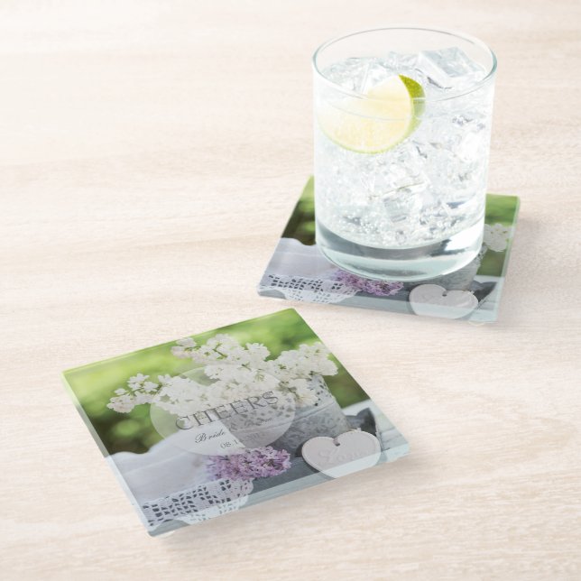 Romantische Frühlingszeit Blume Floral Lilac Weddi Glasuntersetzer (Schrägansicht)