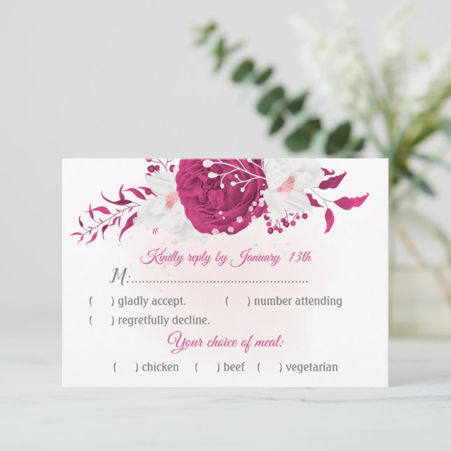 Romantische fuchsienweiße Blume mit kulinarischer  RSVP Karte (Stehend Vorderseite)