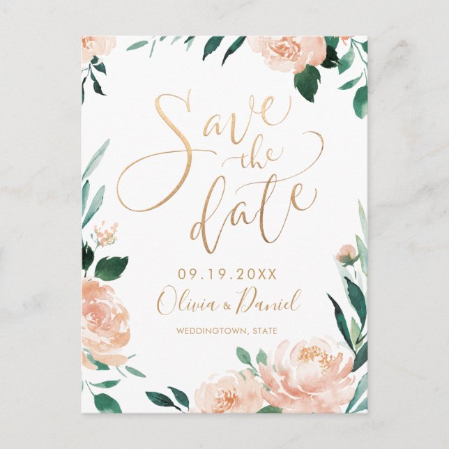Romantische Gartenblumenkalligraphie Save the Date Postkarte (Vorderseite)
