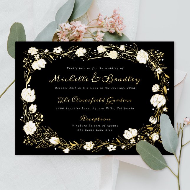 Romantische Gartenhochzeit Black and Gold Folieneinladung (Von Creator hochgeladen)