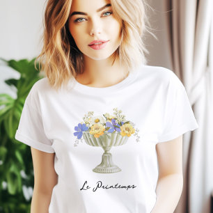 Romantische Gartenurne mit Blumen Französisch T-Shirt