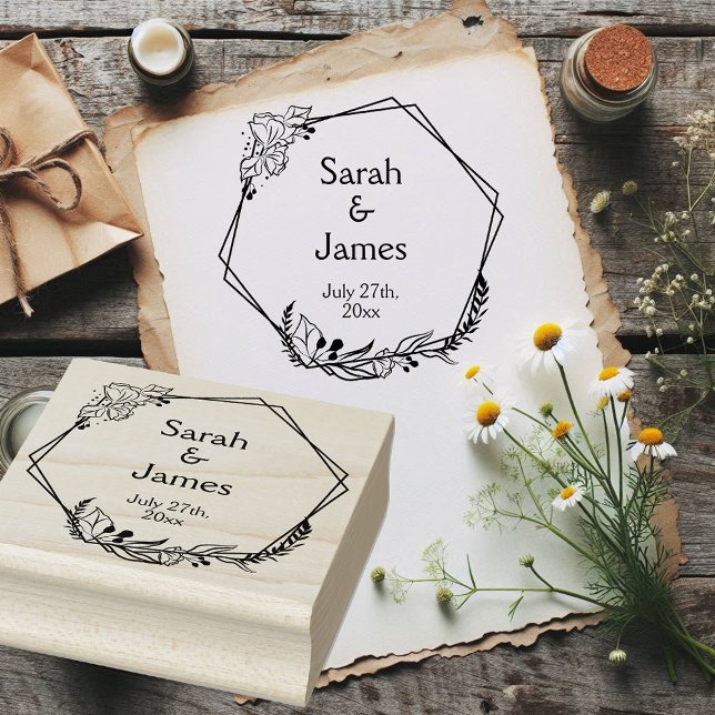 Romantische geometrische Namen Hochzeitdatum Kauts Gummistempel (Rustic geometric wedding rubber stamp.)