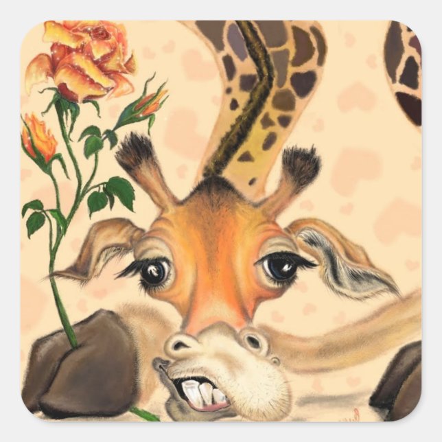 Romantische Giraffe mit Rose-Aufkleber für Ihren T Quadratischer Aufkleber (Vorderseite)