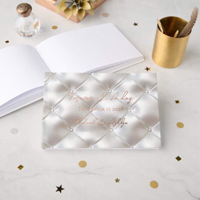 Romantische Glam White Imitats Leather Wedding Gästebuch (Vorderseite Offen)