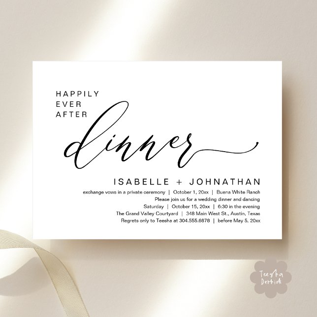 Romantische glückliche Ever nach dem Abendessen El Einladung (Romantic Modern Happily Ever After Party Elopement Dinner Invitation Card PDF in Classy Black White)