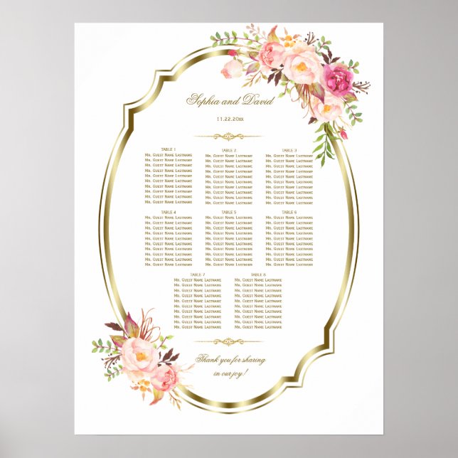 Romantische Gold Frame Blush Blues Seekarte Poster (Vorne)