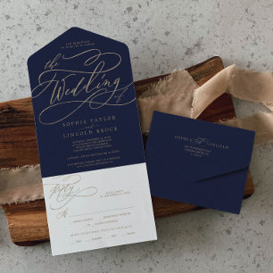 Romantische Gold-Kalligrafie Navy Die Hochzeit v All In One Einladung