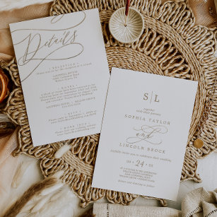 Romantische Gold Monogram Front and Back Wedding Einladung