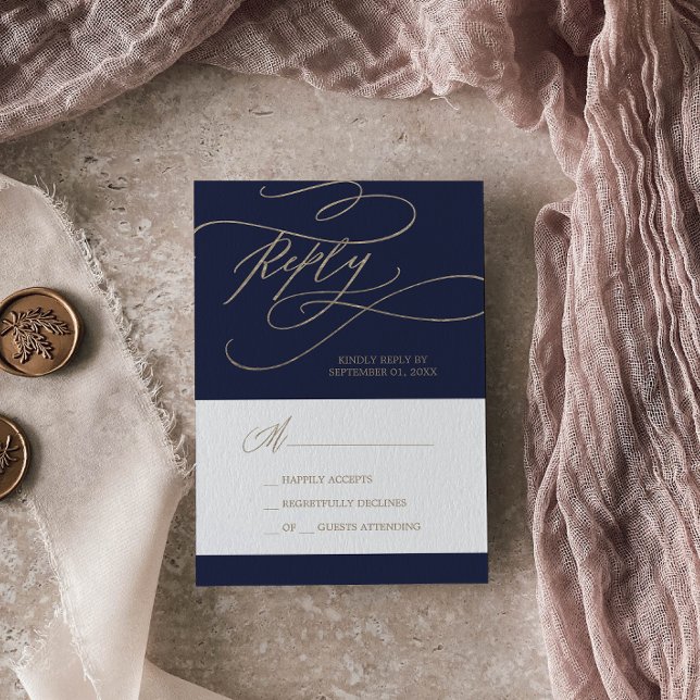 Romantische Gold- und Marinekalligraphie Einfach RSVP Karte (Von Creator hochgeladen)