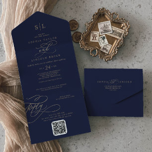 Romantische Gold- und Navy-Monogramm-QR-Code-Hochz All In One Einladung
