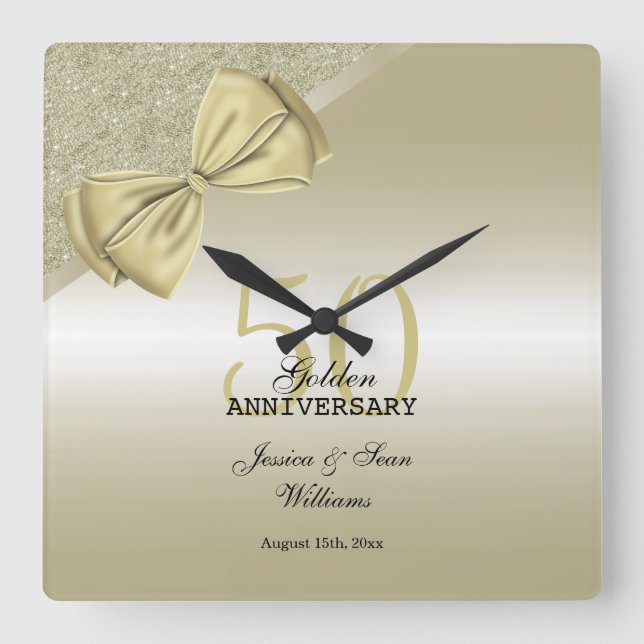 Romantische Goldbucht & Glitzer 50. Hochzeit    Quadratische Wanduhr (Vorderseite)