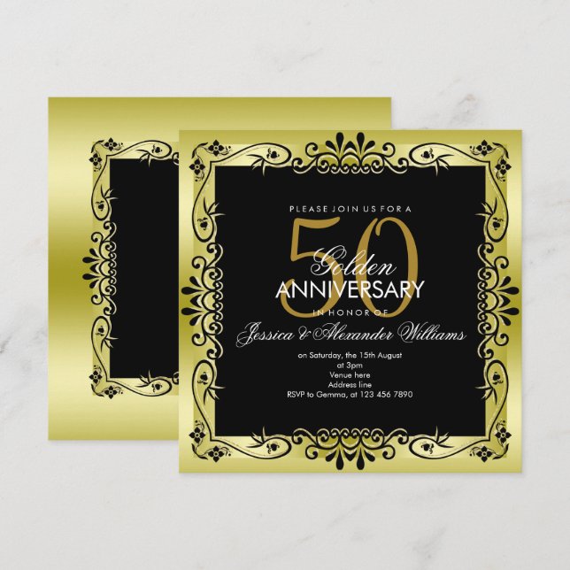 Romantische Golddekoration Gerahmt 50. Hochzeit Einladung (Vorne/Hinten)